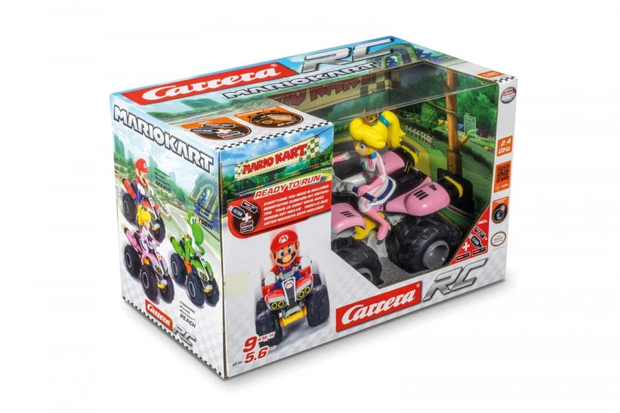 Carrera RC quadcopter featuring Mario and Princess Peach characters, 2.4GHz remote control, toy drone for kids.