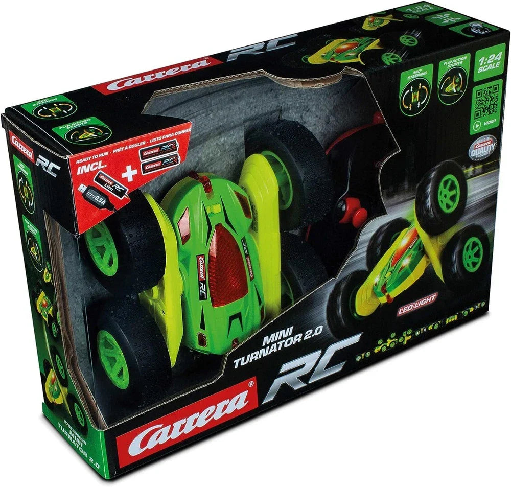 Carrera Mini Turnator toy racetrack with sleek black and red design, featuring miniature cars for kids' racing play.