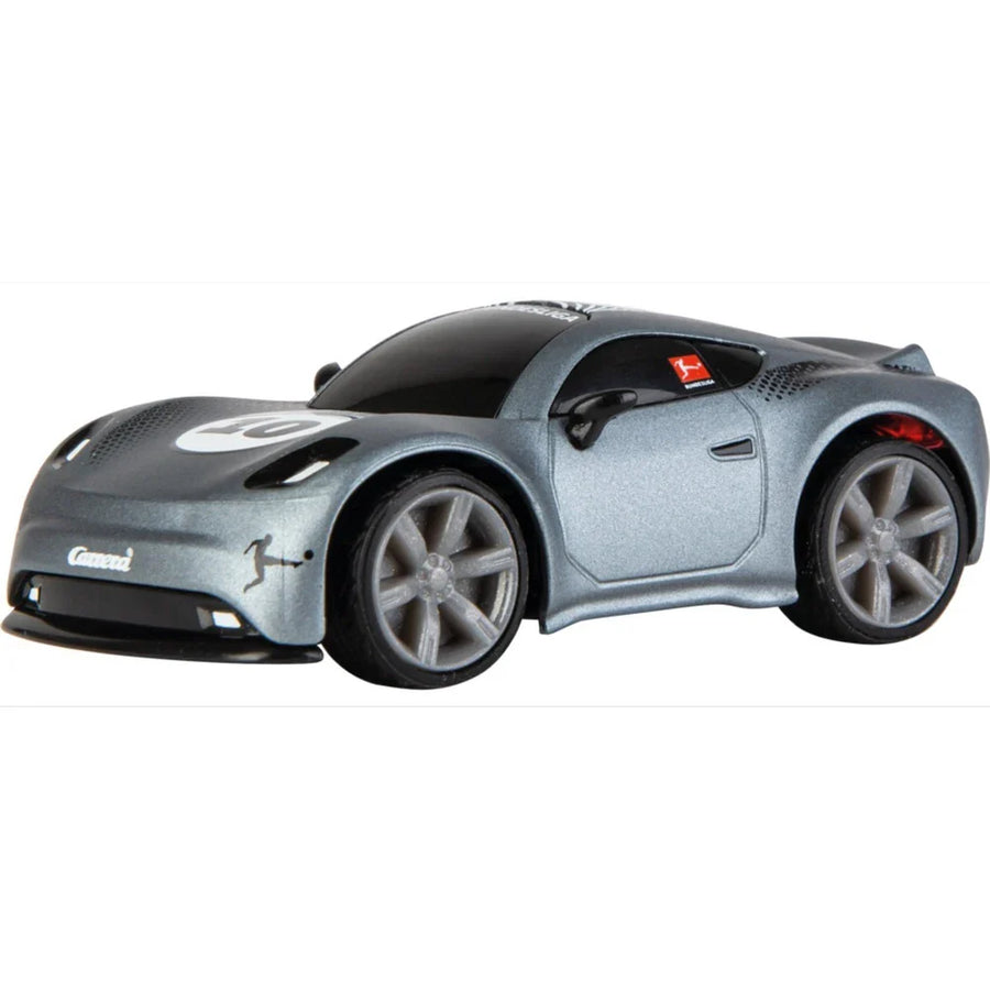 Carrera Mini RC grey toy car with Bundesliga branding, remote-controlled miniature vehicle for kids and collectors.