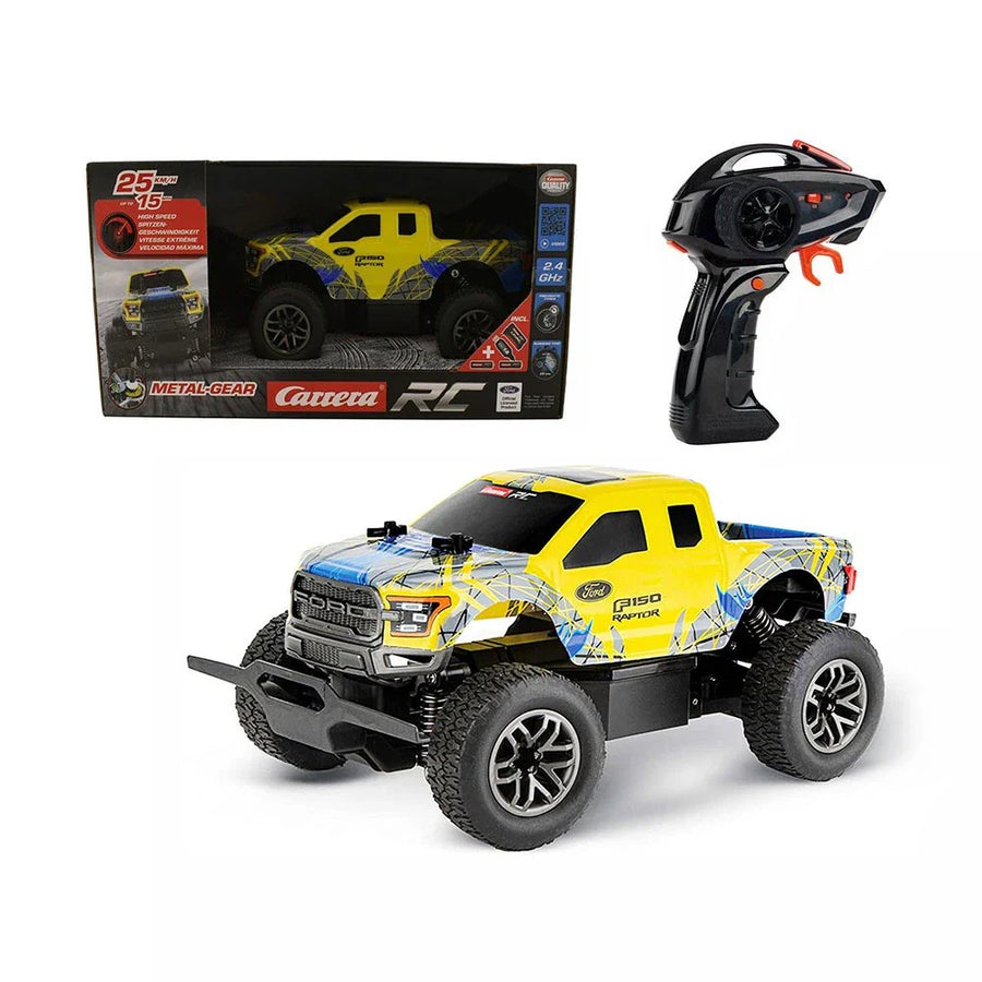 Carrera RC Ford F-150 Raptor toy truck with detailed exterior, remote control, and vibrant racing colors.