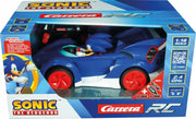 Carrera RC Sonic Racing Toy featuring Sonic the Hedgehog in a dynamic racing pose on a colorful track background