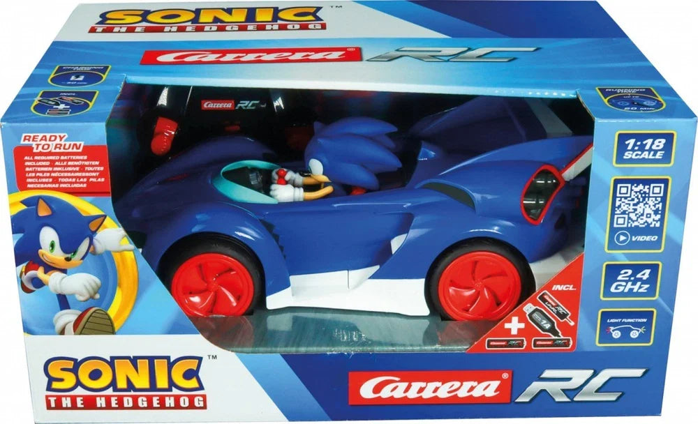 Carrera RC Team Sonic Racing Sonic toy car, blue and white remote control vehicle with detailed racing graphics.