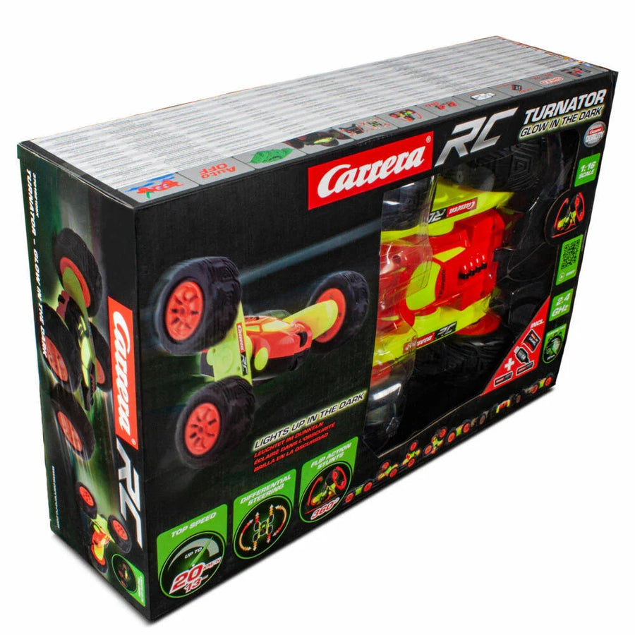 Carrera R/C Turnator glow-in-the-dark toy car, 1:16 scale, with vibrant lighting and detailed design for kids' remote control racing.