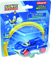 Carrera Sonic the Hedgehog Car Pull & Speed toy from Team Sonic Racing, featuring a blue Sonic-themed push-back racing car.