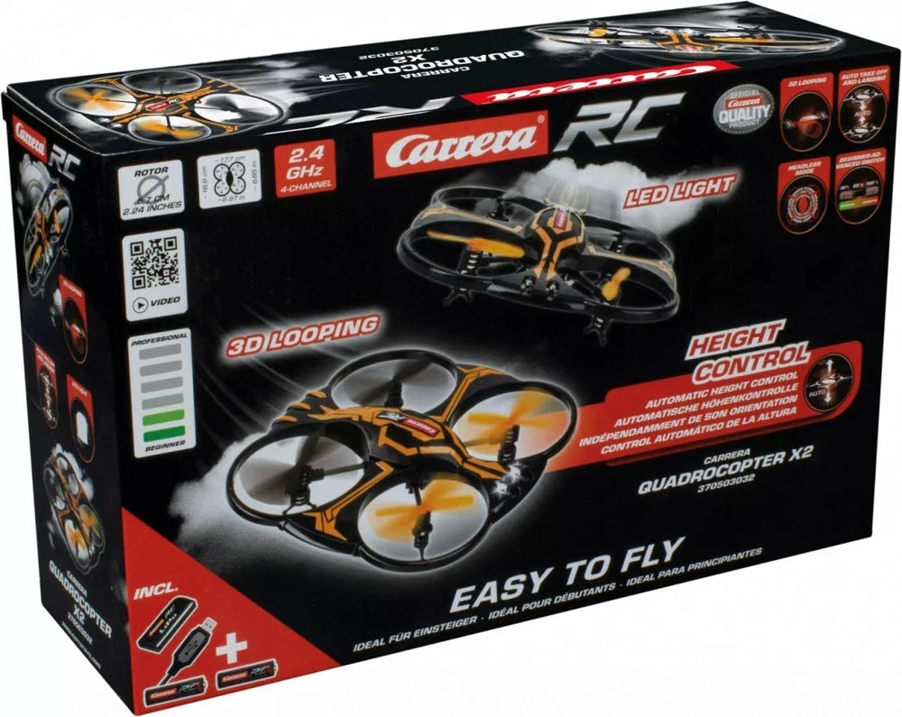Carrera RC Quadcopter X2 toy drone with four propellers and remote control, designed for indoor and outdoor flying fun.