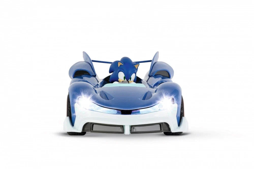Carrera RC Toy Sonic racing car from Sonic Team Sonic Racing series, detailed blue and red toy vehicle on a black background.