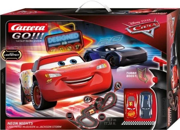 Colorful Carrera GO! Neon Nights toy race cars with vibrant neon designs on a track, perfect for racing enthusiasts.