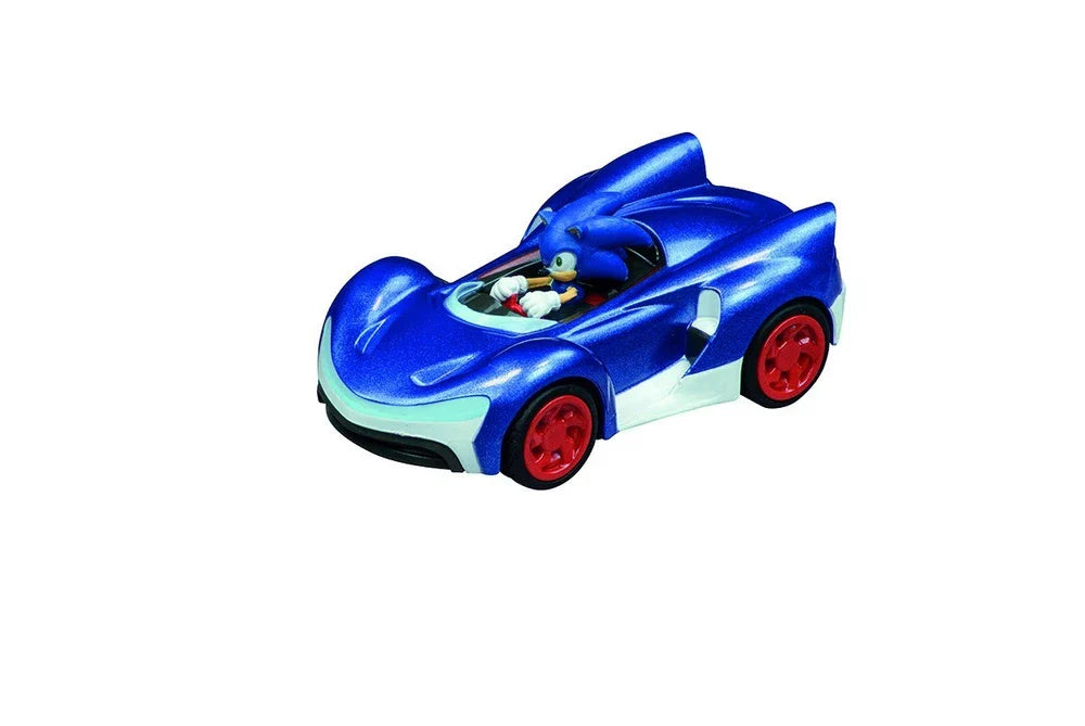 Carrera Sonic the Hedgehog Car Pull & Speed toy from Team Sonic Racing, featuring a blue Sonic-themed push-back racing car.