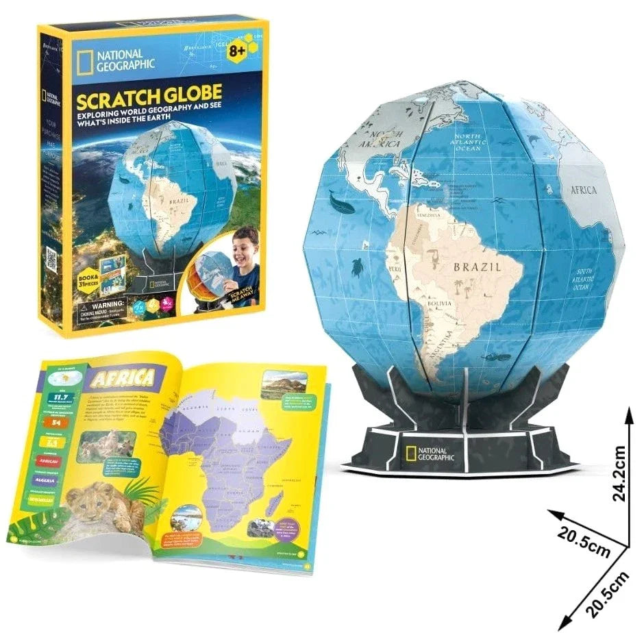 National Geographic CubicFun 3D Scratch Globe puzzle with 31 pieces, showcasing a detailed world map in vibrant colors.