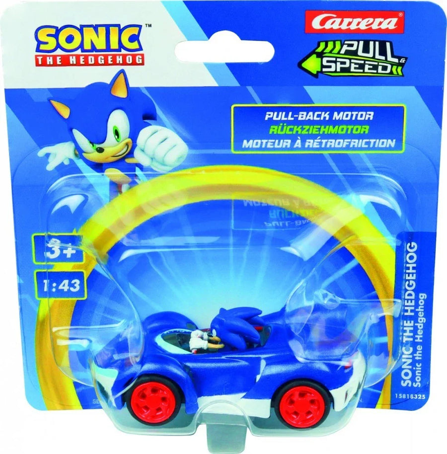 Carrera Sonic the Hedgehog pull-back toy car from Team Sonic Racing, featuring vibrant blue and red colors and racing design.