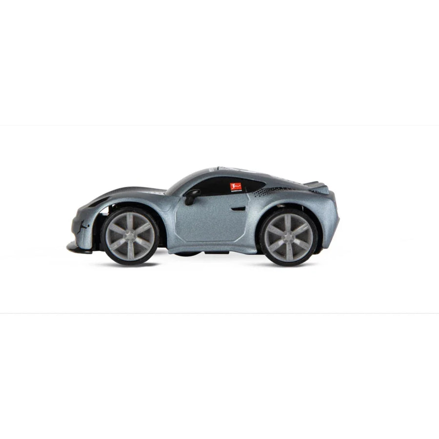 Carrera Mini RC Bundesliga toy car in grey, remote-controlled miniature vehicle for kids, featuring Bundesliga branding and detailed design.