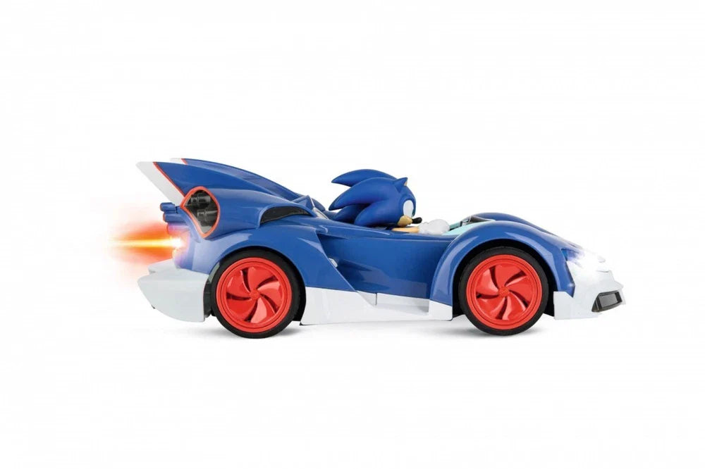 Carrera RC Team Sonic Racing Sonic toy car, detailed blue and white remote-controlled racing vehicle from the Sonic the Hedgehog series.