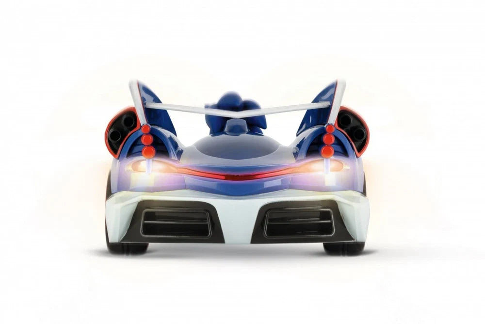 Carrera RC Sonic Racing toy car featuring Sonic the Hedgehog design, sleek blue body, and detailed racing decals.