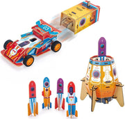 National Geographic CubicFun 3D Puzzle featuring a Blast-Off Rocket and Racing Car toy set with colorful, detailed models.