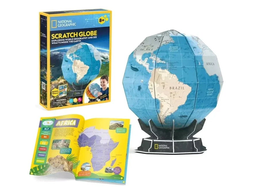 CubicFun 3D Puzzle National Geographic Scratch Globe with 31 pieces, showing a partially assembled interactive educational toy.