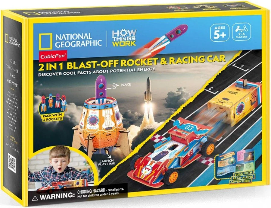 National Geographic CubicFun 3D puzzle featuring a blast-off rocket and racing car toy set, perfect for educational play.