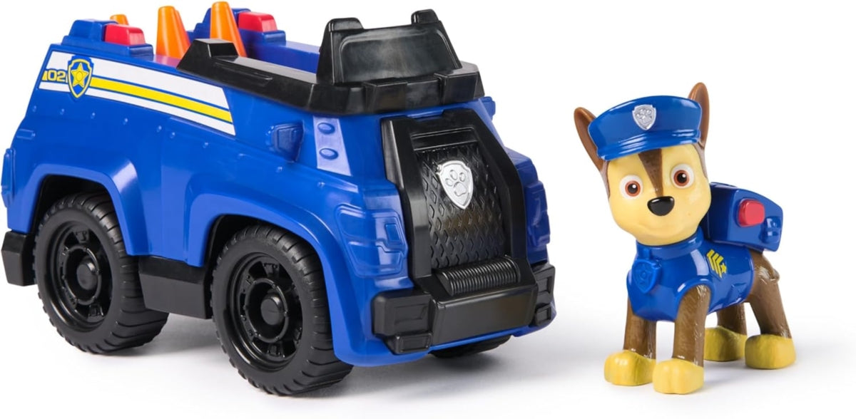 Spin Master PAW Patrol police vehicle with Chase toy figure, featuring detailed rescue vehicle and character for kids' play.